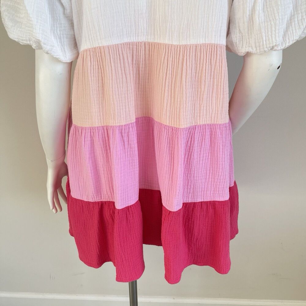 THML Women's Gauze Puff Sleeve Tiered Mini Dress M Resort Coastal Summer - Picture 8 of 14